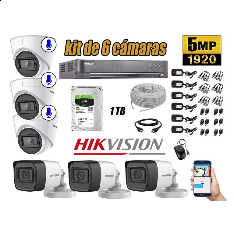 CÁMARAS SEGURIDAD KIT 6 5MP + DISCO 1TB - 03 CAMARAS C/AUDIO COMPLETO