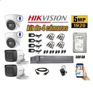 HIKVISION - CÁMARAS SEGURIDAD KIT 4 5MP + DISCO 500GB -2 CAMARAS AUDIO INCORPORADO