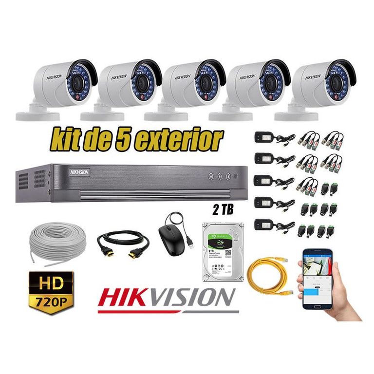 CÁMARAS SEGURIDAD EXTERIOR KIT 5 HD 720P + DISCO 2TB P2P