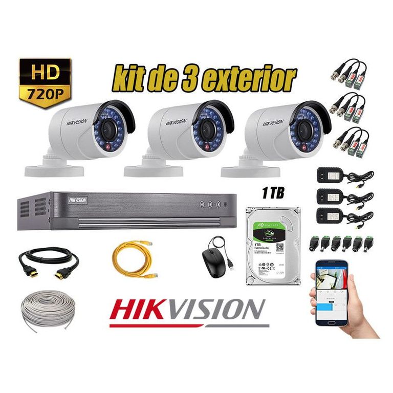 CÁMARAS SEGURIDAD EXTERIOR KIT 3 HD 720P + DISCO 1TB P2P