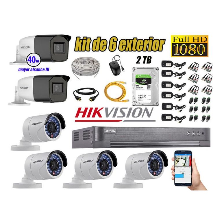 CÁMARAS SEGURIDAD EXTERIOR KIT 6 VARIFOCAL FULL HD + DISCO 2TB P2P