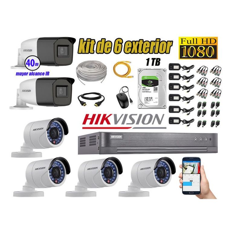 CÁMARAS SEGURIDAD EXTERIOR KIT 6 VARIFOCAL FULL HD + DISCO 1TB P2P