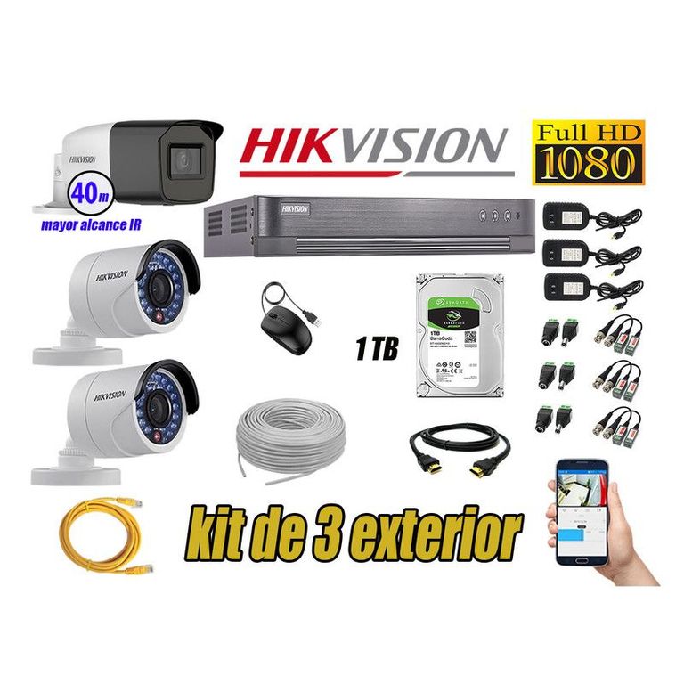 CÁMARAS SEGURIDAD EXTERIOR KIT 3 VARIFOCAL FULL HD + DISCO 1TB P2P