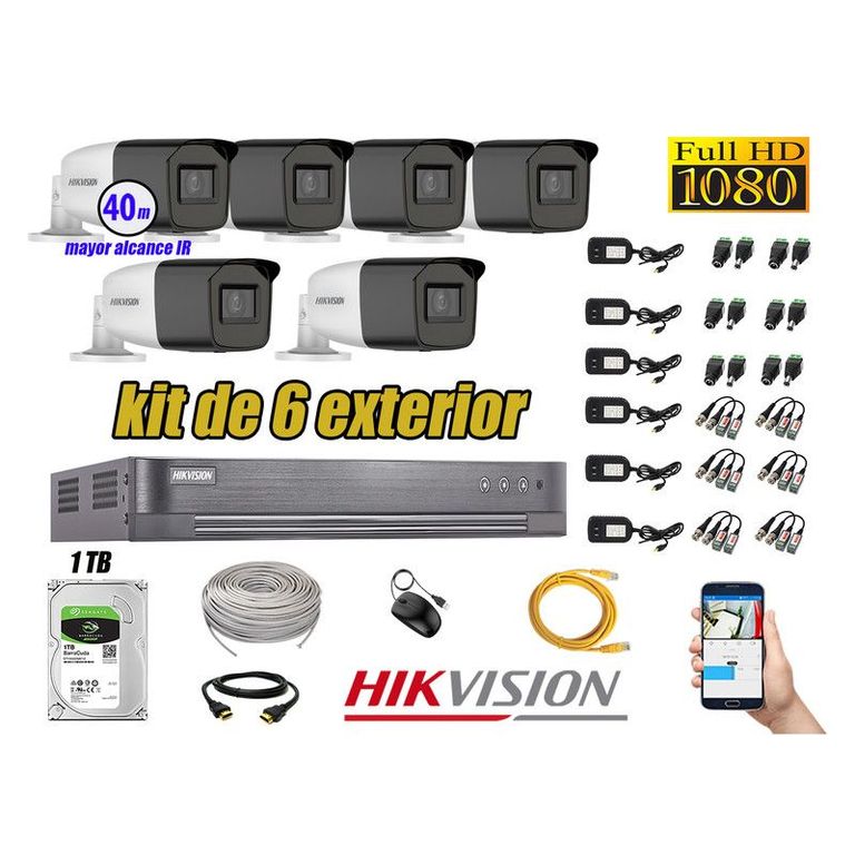 CÁMARAS SEGURIDAD EXTERIOR KIT 6 VARIFOCAL FULL HD 1TB P2P