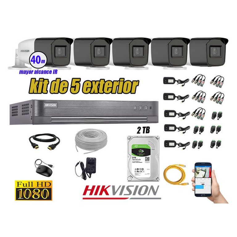 CÁMARAS SEGURIDAD EXTERIOR KIT 5 VARIFOCAL FULL HD + 2TB P2P