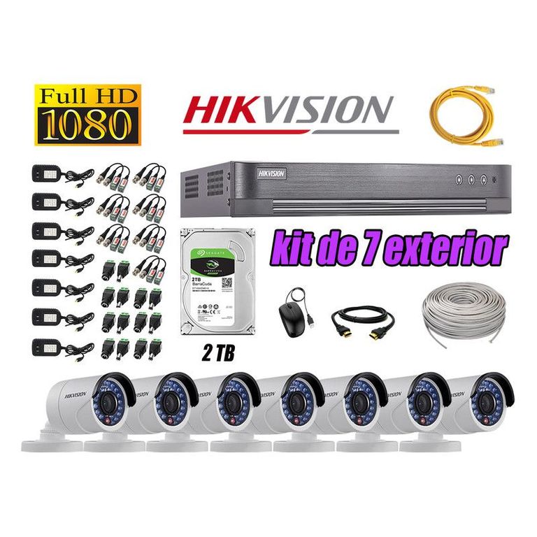 CÁMARAS SEGURIDAD EXTERIOR KIT 7 FULL HD 1080P + DISCO 2TB