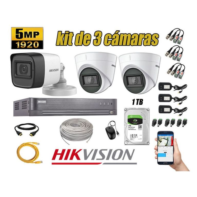 CÁMARAS SEGURIDAD KIT 3 5MP + DISCO 1TB COMPLETO HDMI
