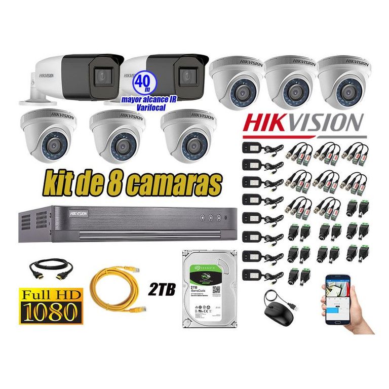 CÁMARAS SEGURIDAD KIT 8 FULL HD + DISCO 2TB MAYOR ALCANCE VARIFOCAL