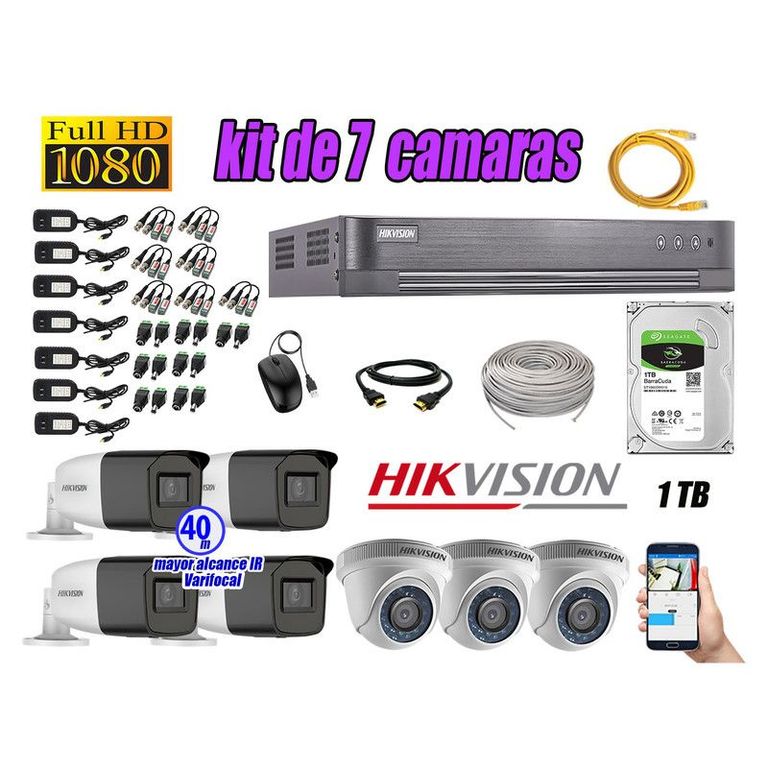CÁMARAS SEGURIDAD KIT 7 FULL HD + DISCO 1TB MAYOR ALCANCE VARIFOCAL