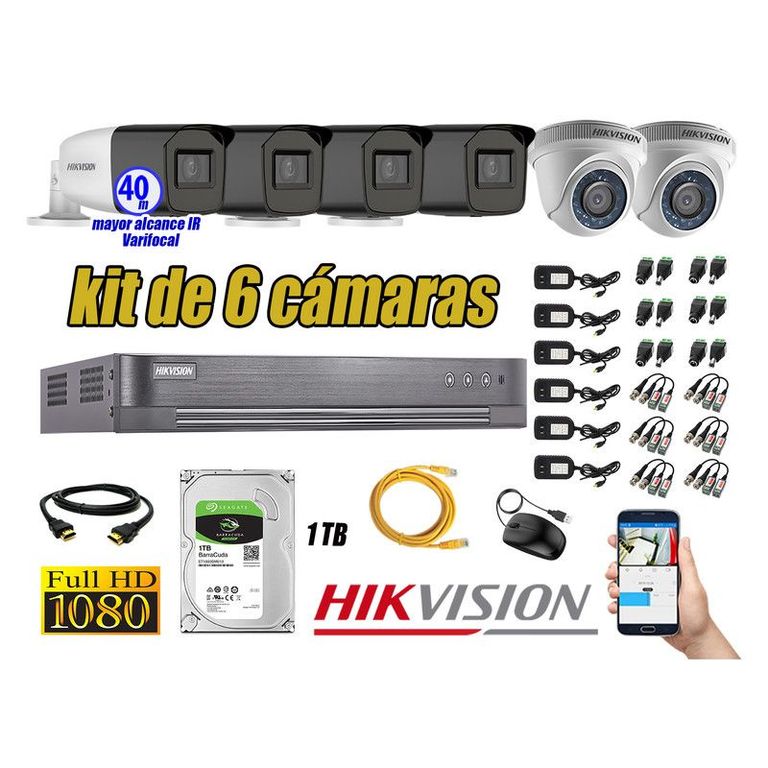 CÁMARAS SEGURIDAD KIT 6 FULL HD + DISCO 1TB MAYOR ALCANCE VARIFOCAL
