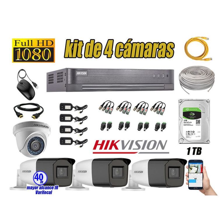 CÁMARAS SEGURIDAD KIT 4 FULL HD + DISCO 1TB MAYOR ALCANCE VARIFOCAL