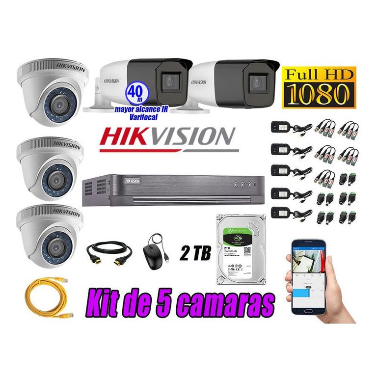 CÁMARAS SEGURIDAD KIT 5 FULL HD + DISCO 2TB MAYOR ALCANCE VARIFOCAL