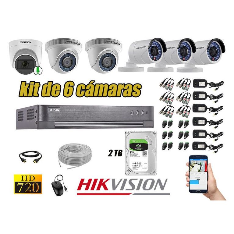 CÁMARAS SEGURIDAD KIT 6 HD 720P + DISCO 2TB 1 CAMARA MICROFONO