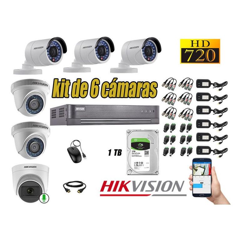 CÁMARAS SEGURIDAD KIT 6 HD 720P + DISCO 1TB 1 CAMARA MICROFONO