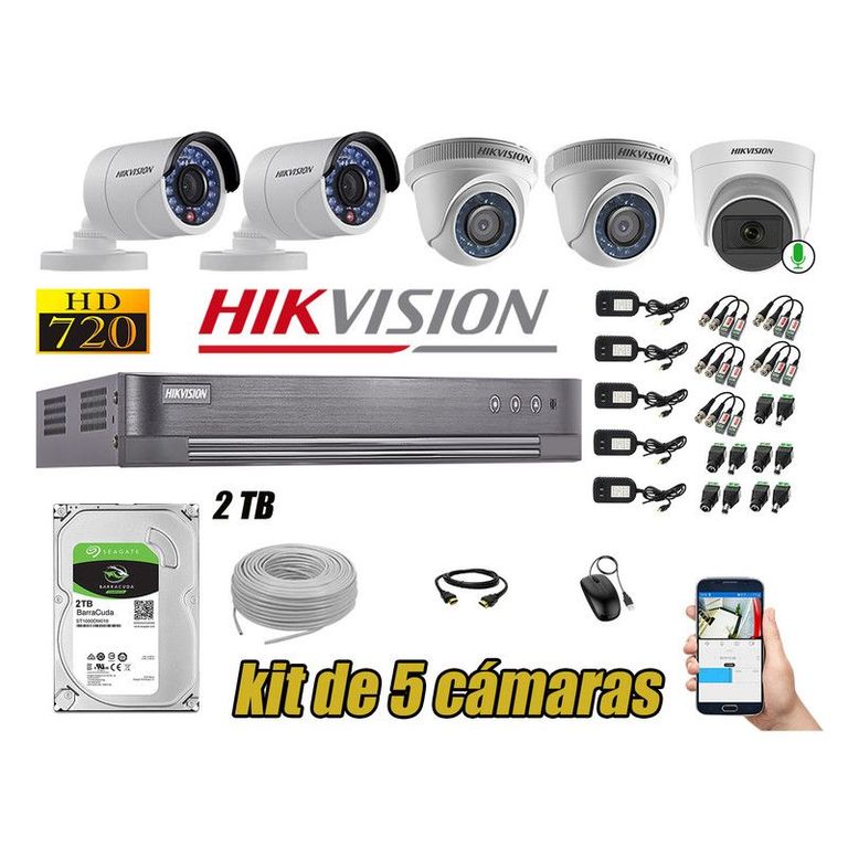 CÁMARAS SEGURIDAD KIT 5 HD 720P + DISCO 2TB 1 CAMARA MICROFONO