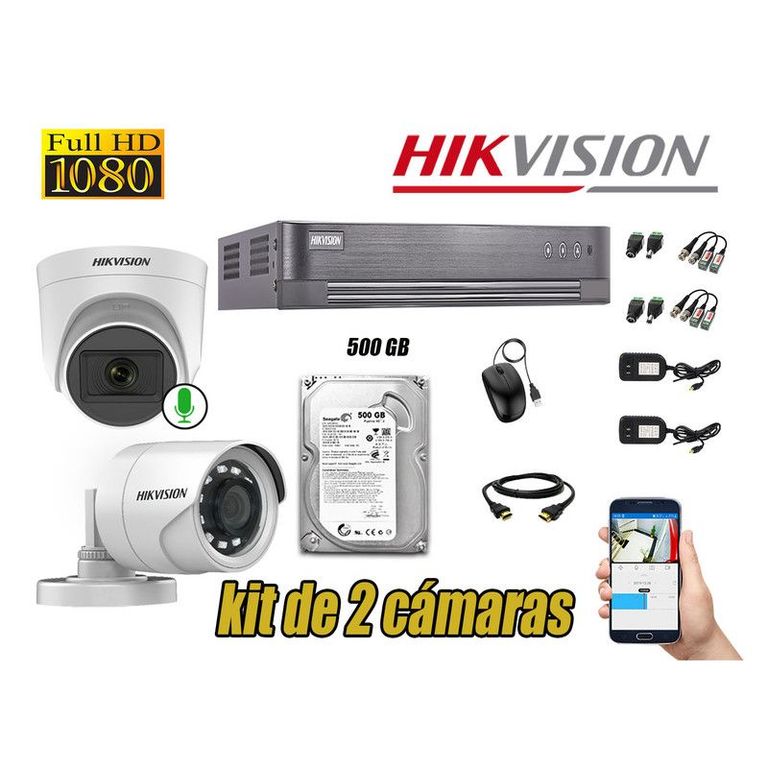 CÁMARAS SEGURIDAD KIT 2 FULL HD 1080P + DISCO 500GB 1 CAMARA MICROFONO