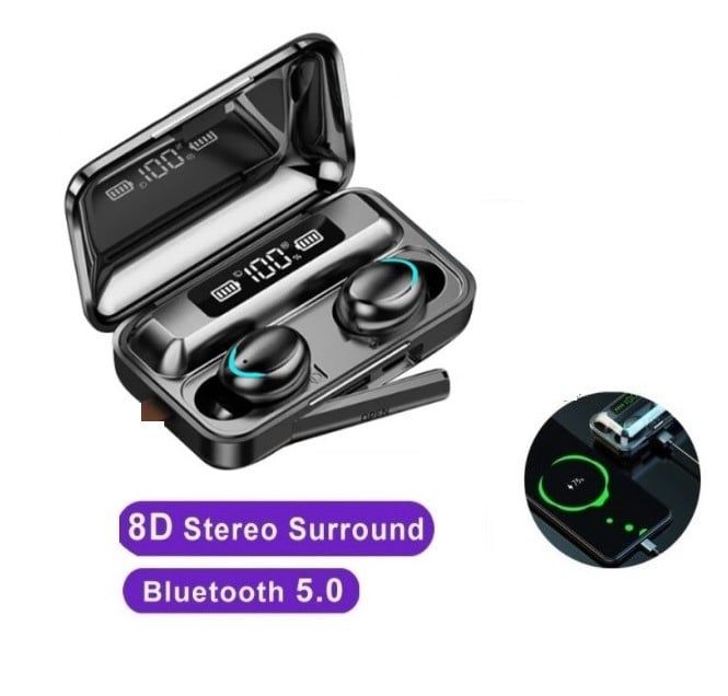 Audífonos inalámbricos Pantalla LED Bluetooth F9 con power bank- negro