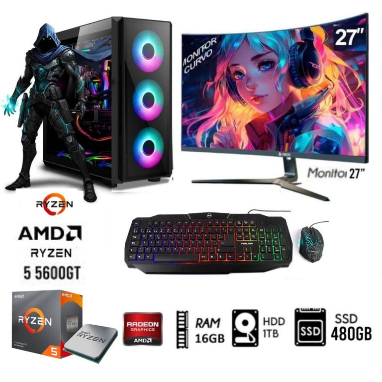 Computadora PC GAMER RYZEN 5 5600GT RAM 16GB DISCO 1TB+SSD 480GB MONITOR 27 FHD