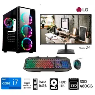 INTEL - Computadora PC Core i7 3.2Ghz Ram16GB DISCO 1TB +SSD 480GB Monitor 24 FHD