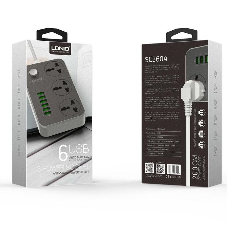 Tomacorriente De 3 puertos + 6 Usb Para Smartphone, Tablet