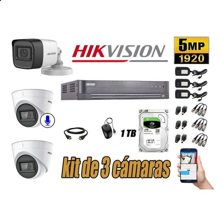 CÁMARAS SEGURIDAD KIT 3 5MP + DISCO 1TB - 01 CAMARA AUDIO INCORPORADO