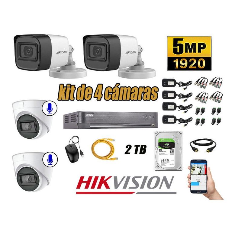 CÁMARAS SEGURIDAD KIT 4 5MP + DISCO 2TB - 02 CAMARAS AUDIO INCORPORADO