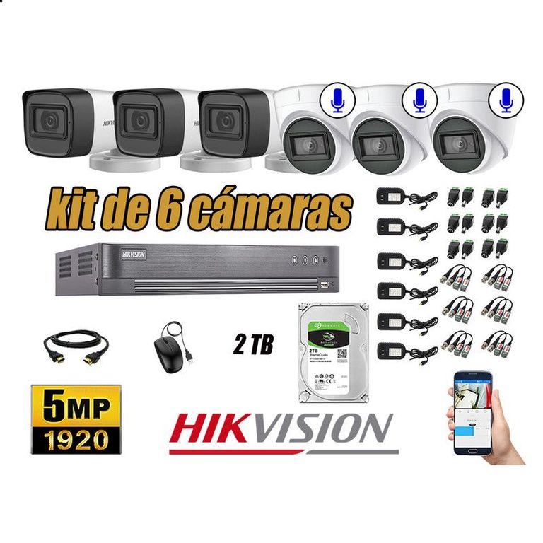 CÁMARAS SEGURIDAD KIT 6 5MP + DISCO 2TB - 03 CAMARAS AUDIO INCORPORADO