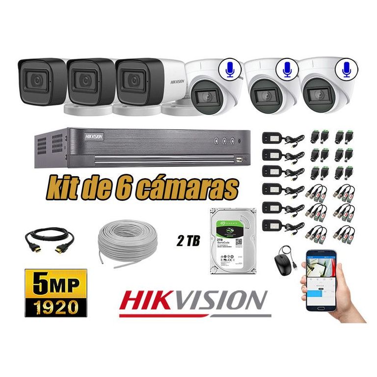 CÁMARAS SEGURIDAD KIT 6 5MP + DISCO 2TB - 03 CAMARAS C/AUDIO COMPLETO