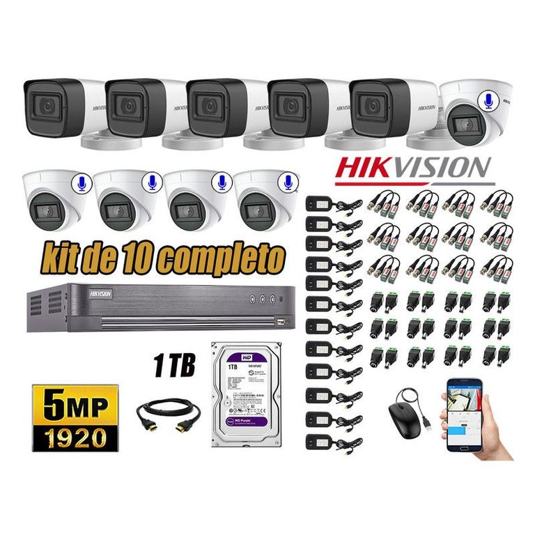 CÁMARAS SEGURIDAD KIT 10 5MP + DISCO WD 1TB - 05 CAMARAS C/AUDIO HDMI