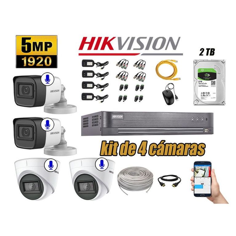CÁMARAS SEGURIDAD KIT 4 5MP + DISCO 2TB AUDIO INCORPORADO P2P COMPLETO