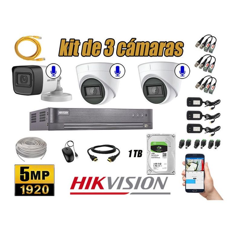 CÁMARAS SEGURIDAD KIT 3 5MP + DISCO 1TB AUDIO INCORPORADO P2P COMPLETO