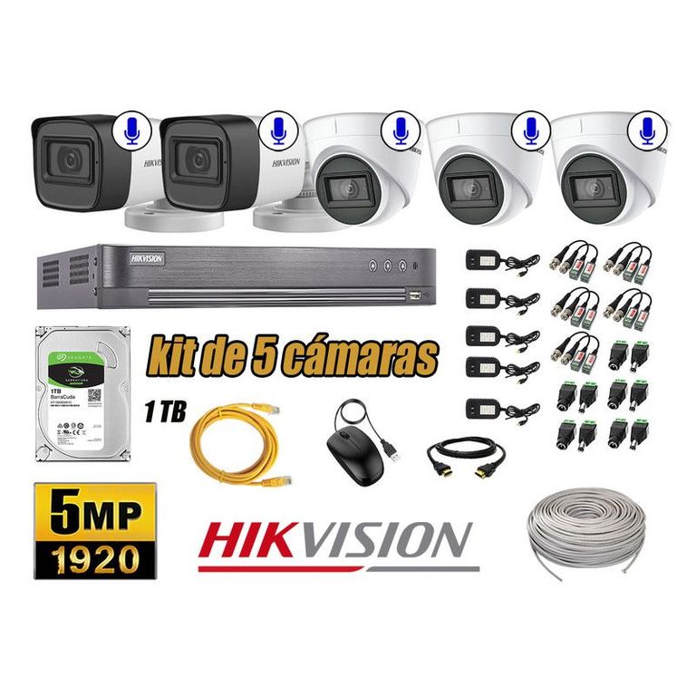 CÁMARAS SEGURIDAD KIT 5 5MP + DISCO 1TB AUDIO INCORPORADO P2P COMPLETO
