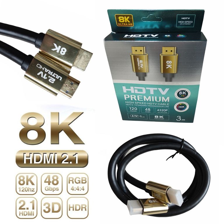 Cable Hdmi 2.1V 8k Ultra Hd 3d 3 Metros 4320p Premium 48Gbps HDR- PVC