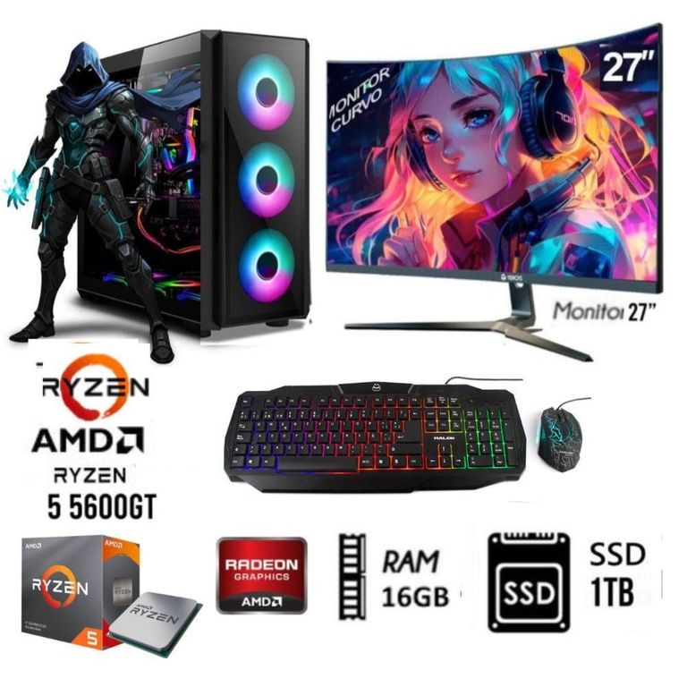 Computadora PC RYZEN 5 5600GT RAM 16GB DISCO SOLIDO 1TB MONITOR CURVO 27 FHD