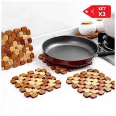 INSPIRA MARKET - Set x 3 Soporte de Bambú Resistente al Calor Para Vajilla Olla Sarten