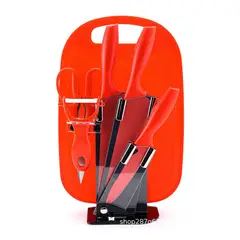 S/M - Set de Cuchillos x 5 Piezas + Tabla de Picar y Porta Cuchillos - ROJO