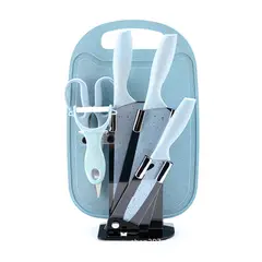 S/M - Set Cuchillos x 5 Piezas + Tabla de Picar y Porta Cuchillos - CELESTE