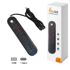 SEISA - Extensión Toma Corriente 3 Cargador Puerto Usb + 1 Type C
