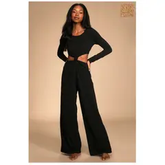 GENERICO - Enterizo Negro De Pierna Ancha Con Recorte De Manga Larga - LULUS