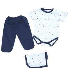 GENERICO - Set Ajuar Bebe de 3 piezas de 100% Algodón Azul - Estrellas