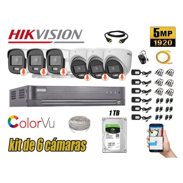 CÁMARAS SEGURIDAD KIT 6 5MP + DISCO 1TB COLORVU VISION NOCTURNA COLOR
