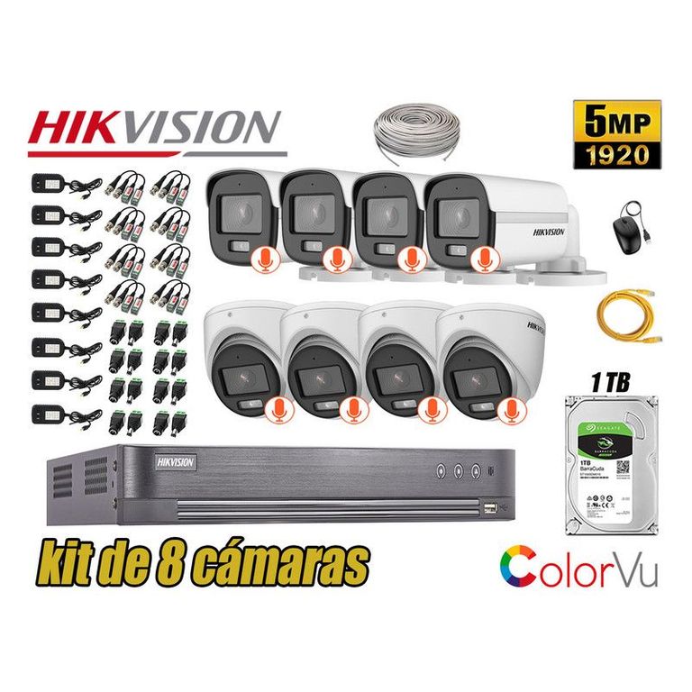 CÁMARAS SEGURIDAD KIT 8 5MP + DISCO 1TB COLORVU VISION NOCTURNA COLOR
