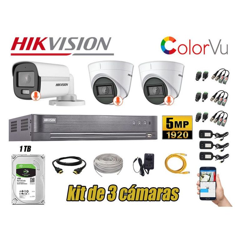 CÁMARAS SEGURIDAD KIT 3 5MP + DISCO 1TB COLORVU VISION NOCTURNA COLOR