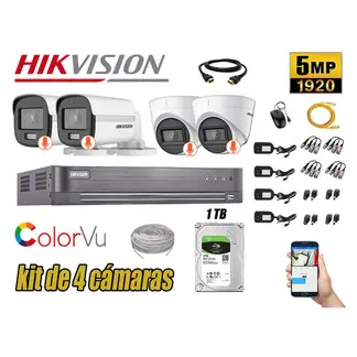 Hikvision - CÁMARAS SEGURIDAD KIT 4 5MP + DISCO 1TB COLORVU VISION NOCTURNA COLOR