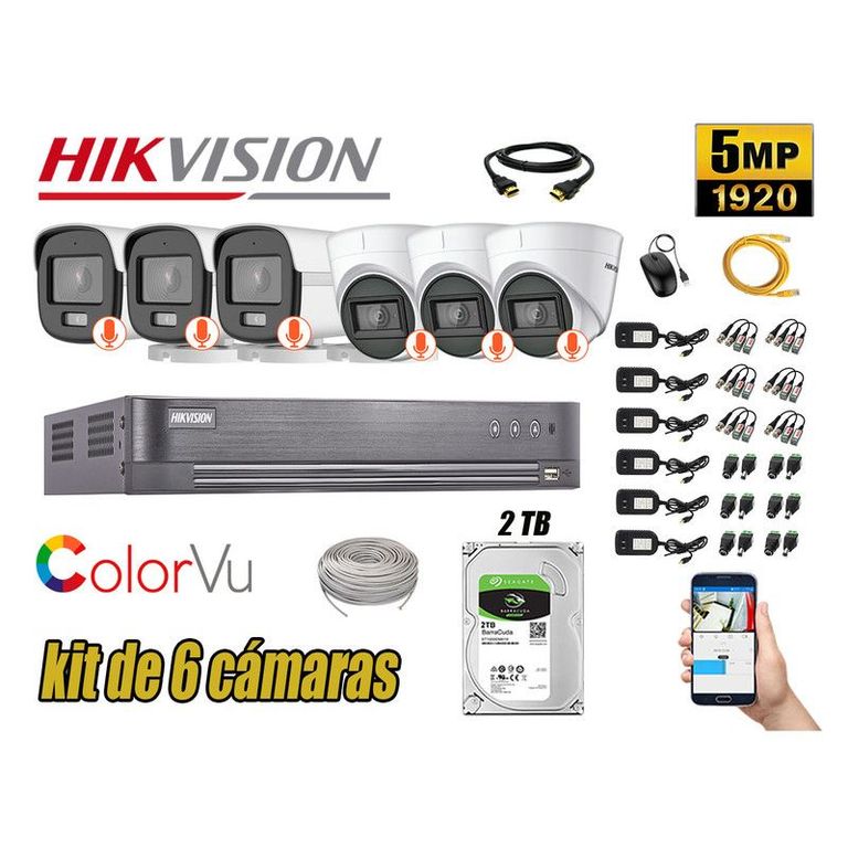 CÁMARAS SEGURIDAD KIT 6 5MP + DISCO 2TB COLORVU VISION NOCTURNA COLOR