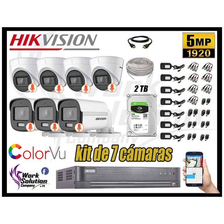 CÁMARAS SEGURIDAD KIT 7 5MP + DISCO 2TB COLORVU VISION NOCTURNA COLOR