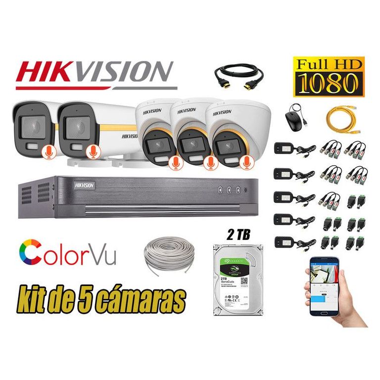 CÁMARAS SEGURIDAD KIT 5 FULL HD + DISCO 2TB - COLORVU VISION COLOR