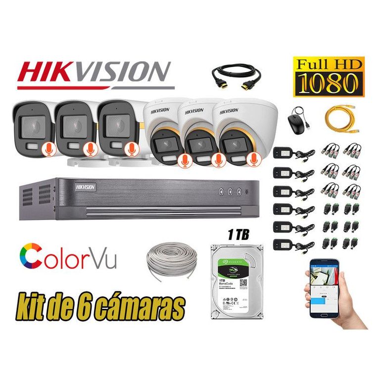 CÁMARAS SEGURIDAD KIT 6 FULL HD + DISCO 1TB - COLORVU VISION COLOR