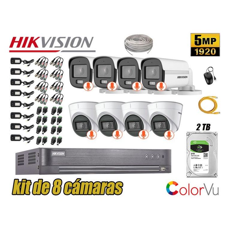 CÁMARAS SEGURIDAD KIT 8 5MP + DISCO 2TB COLORVU VISION NOCTURNA COLOR