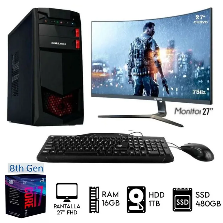 Computadora PC Core i7-8TH RAM 16GB Disco HDD 1TB+SSD 480GB Monitor 27 FHD